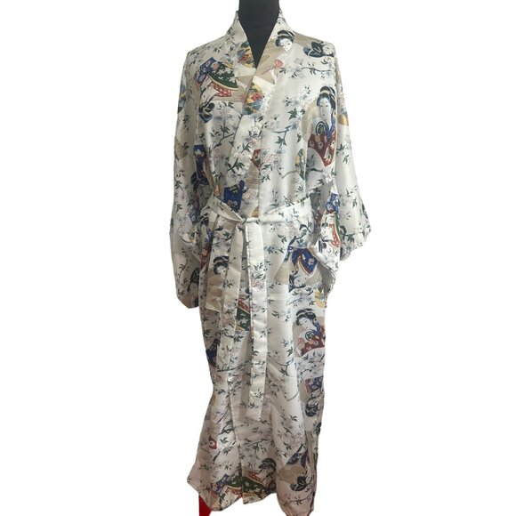 Jade Brand, White Floral Print/Geisha Design Long Polyester Kimono - Picture 1 of 11